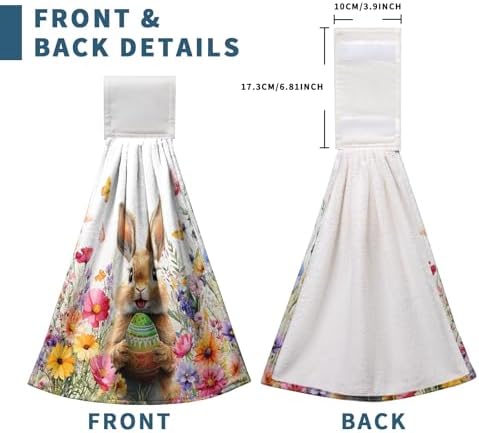 Spring Easter Hanging Kitchen Towels Easter Bunny Rabbit Eggs Flowers Hand Towel with Hanging Loop Watercolor Floral Rabbits Dish Tie Towels Super Absorbent Soft Fast Drying Bath Towel for Bathroom