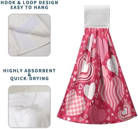 Happy Valentine's Day Hanging Kitchen Towels Set of 2 Hot Pink Love Hand Towel with Hanging Loop Bright Boho Heart Bath Tie Towel Soft Absorbent Dish Tea Towels for Bathroom