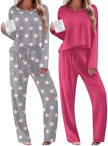 Ekouaer 2 Pack Womens Pajama Sets Long Sleeve Long Pants Pjs Loungewear