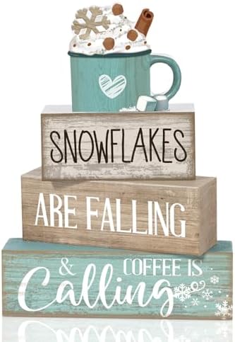 Moucuny 4 Pcs Wooden Block Signs Farmhouse Table Decor Winter Coffee Cup