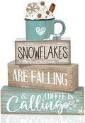 Moucuny 4 Pcs Wooden Block Signs Farmhouse Table Decor Winter Coffee Cup