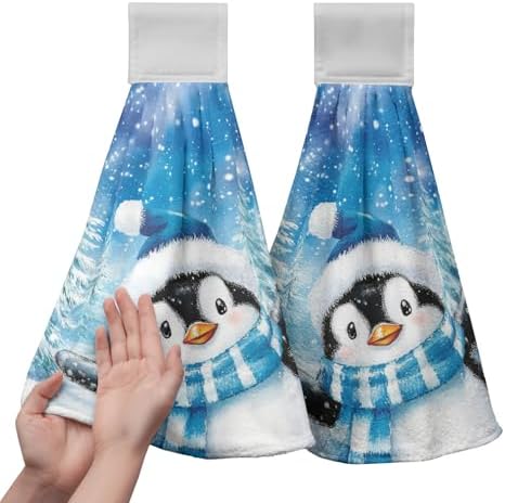 Winter Penguin Blue Kitchen Hanging Towels Set of 2 Cute Snowman Snowflakes Christmas Hand Towels with Hanging Loop Tea Bar Dish Cloths Dry Towel Soft Absorbent Fingertip Bath Tie Towel for Bathroom