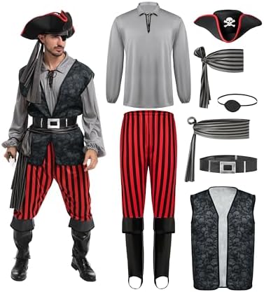 Spooktacular Creations Men Pirate Costume, Adult Pirate Shirt Vest Viking Pants Hat Set for Halloween Themed Parties