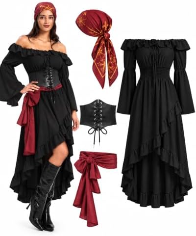 Pirate Costume Women, Renaissance Dress with Corset Belt, 4-Piece