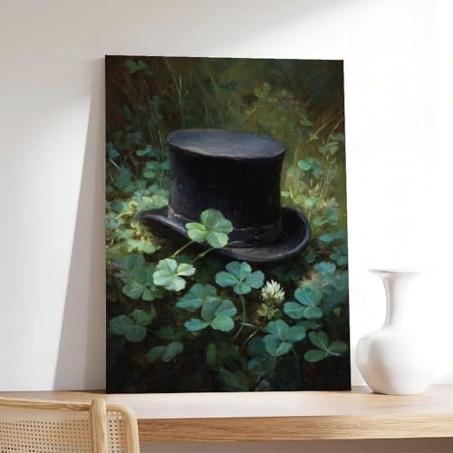JDBeehpy Irish Art Painting St. Patrick's Day Decoration Gift Print Green Hat Countryside Clover (Unframed, Canvas Only) Wall Art Clover Wall Poster Canvas Painting 20x30inch(50x75cm)