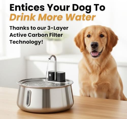 Wireless Dog Water Fountain, Large 4L (135oz) Stainless Steel Pet Water Fountain for Large Dogs and Multi-Pet Homes, Ultra Quiet Automatic Fountain with 3-Layer Filtration