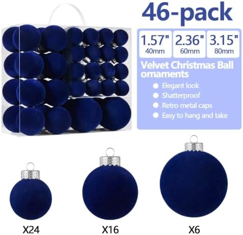 Navy Blue Velvet Christmas Ball Ornaments-46pcs Flocked Tree Decorations