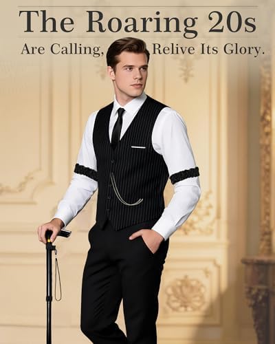 1920s Mens Costume, Roaring 20s Costumes for Men 1920s Mens Outfit with Walking Cane Vest Hat 1920 Mens Accessories