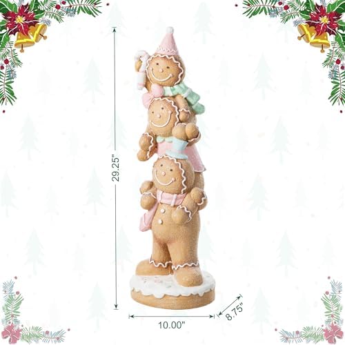 Glitzhome Christmas Front Porch Decor, Macaron Pink Resin Stacked Gingerbread Man Xmas Porch Sign Decoration for Indoor Outdoor Patio Standing Decor, 29.25" H