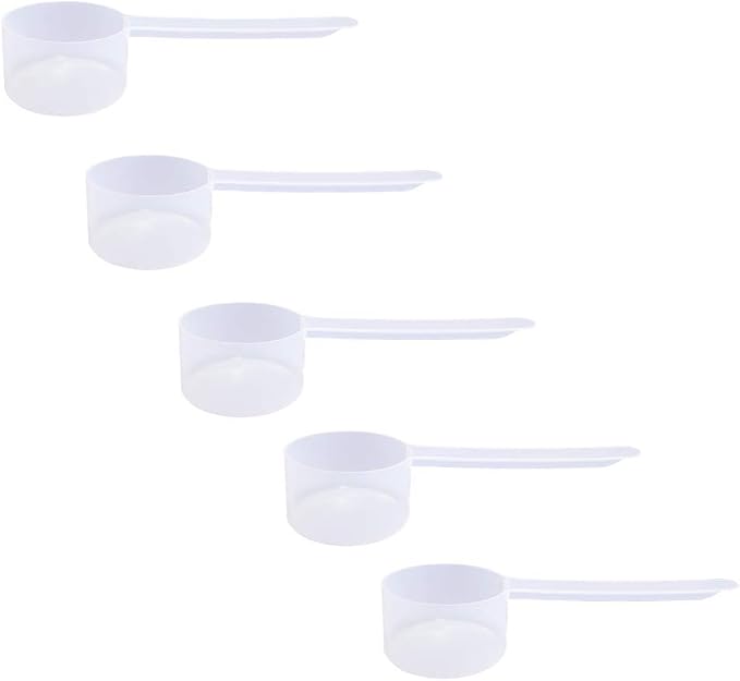 43cc Long Handle Measuring Scoop (1.5 oz / 43mL) - Heavy-Duty Plastic Spoon for Powders, Protein, Coffee, and Baking, 5-Pack