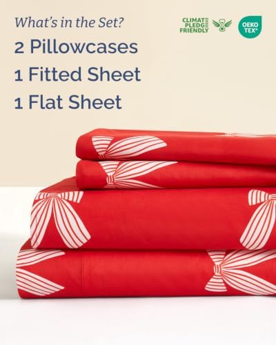 Christmas Sheet Set, Red Ribbon Bows, Holiday Xmas Bedding Set - Queen Size