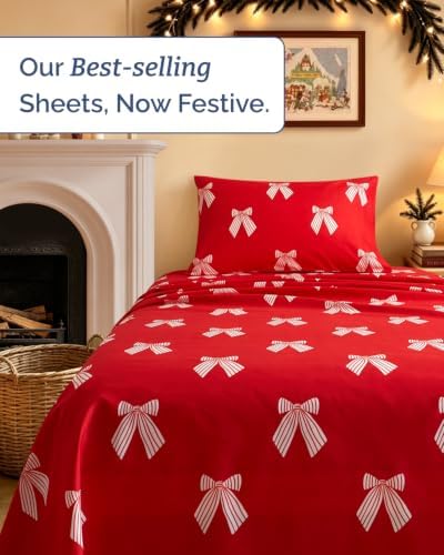 Christmas Sheet Set, Red Ribbon Bows, Holiday Xmas Bedding Set - Twin Size