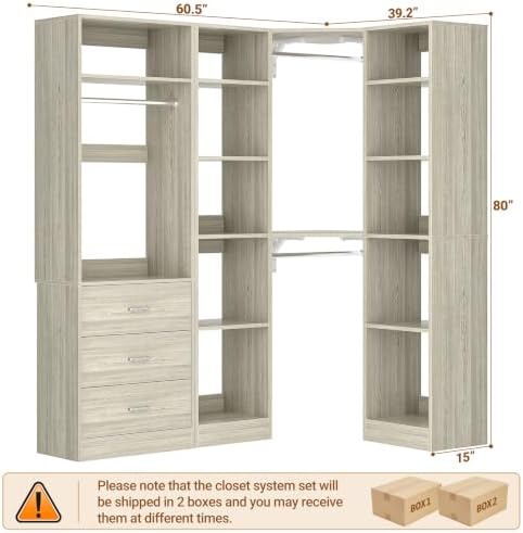 Besiost Corner Closet System with 3 Drawers, Corner Closet Organizer System