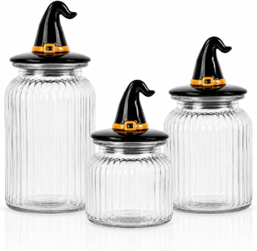 Mimorou 3 Set Halloween Glass Jar with Witchy Hat Lid Halloween Clear Candy Jar Food Storage Canister with Airtight Ceramic Lid for Fall Autumn Party Tea Cookie Table Decoration