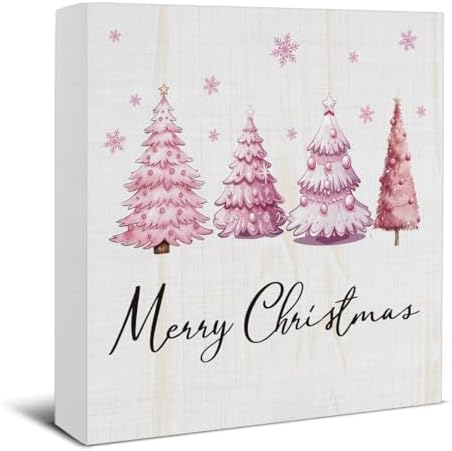 Merry Christmas Decorations - Pink Christmas Tree Wooden Sign