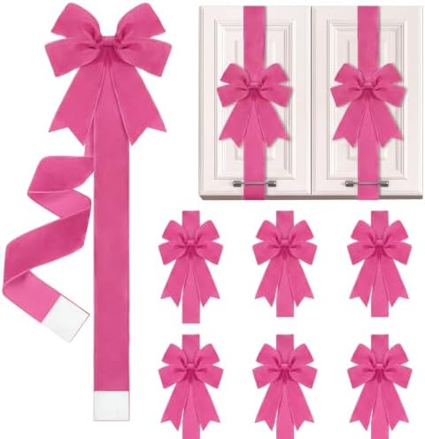 Daifunli 6 Pcs Hot Pink Velvet Christmas Cabinet Bows Ribbons for Kitchen