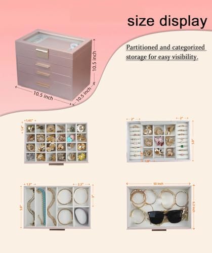 BOOVO Jewelry Boxes for Women, White and Black 6 Layer Large Jewelry Box for Necklace, Bracelet, Earrings, Rings Storage, Jewelry holder Organizer for Girls Gift (Rose gold, 4 layer)