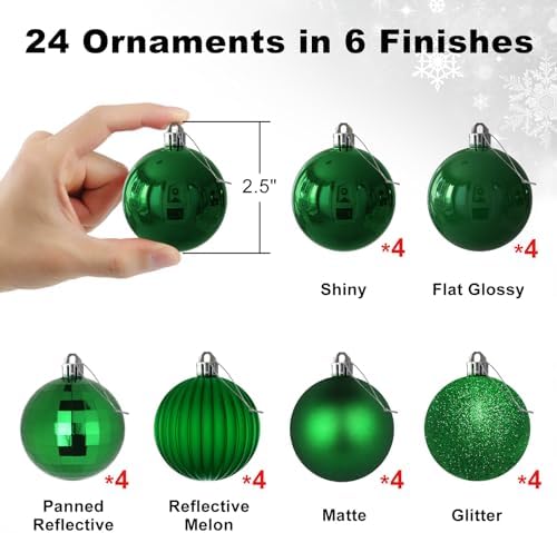 Emerald Green 2.5" Christmas Balls Christmas Tree Decoration Ornaments Shatterproof Hanging Balls for Birthday St. Patrick's Day Easter Mardi Gras Holiday Wedding Decorations Set of 24pcs