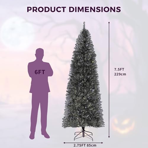 GarveeHome 7.5 ft Prelit Black Christmas Tree with Lights Halloween Tree Slim Artificial Halloween Christmas Tree Artificial Pencil Tree Automatic Branches for Home, Office, Party Decoration