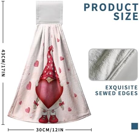 Valentine's Day Heart Hanging Kitchen Towels Romantic Gnome Bouquet Hand Towel with Hanging Loop Red Pink Love Dish Towel Soft Absorbent Fingertip Bath Towels for Bathroom Decor Set of 2