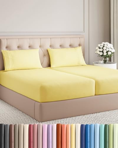 Split King Size 5 Piece Sheet Set - Breathable & Cooling Sheets - Yellow