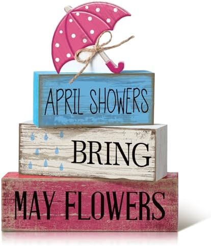 Moucuny 4 Pcs Spring Wooden Block Signs Farmhouse Table Decoration
