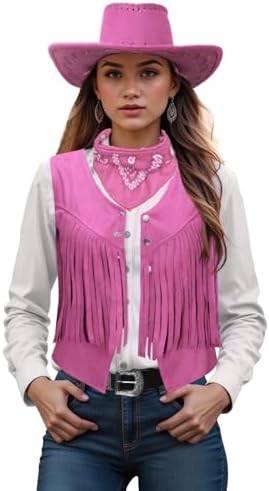 Women Cowgirl Costume Western Vest Hat Belt Set for Cowgirl Cowboy Halloween Cosplay