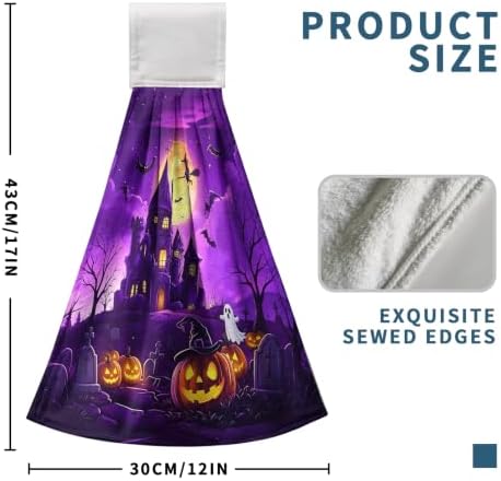 Halloween Haunted Castle Kitchen Hanging Towels Full Moon Pumpkin Ghost Witch Hand Tie Towel with Hanging Loops Dish Towels Washcloth Soft Absorbent for Bathroom Set of 2