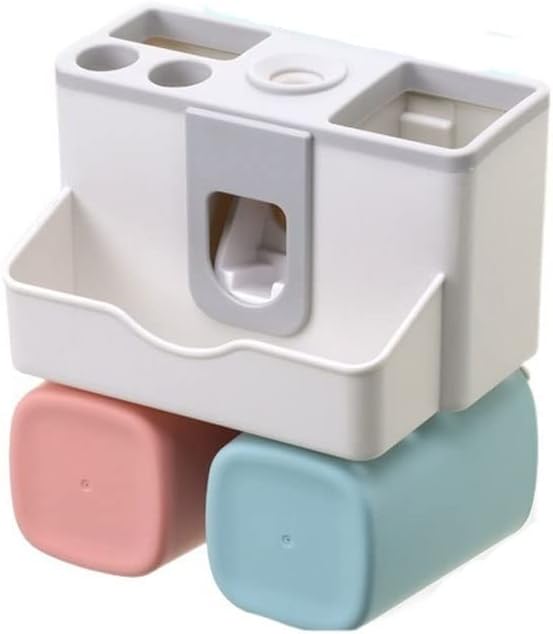 Toothbrush Rack Wall Mounted Toothbrush Holder No Punch Bathroom Shaver Storage Rack with Mouthwash Cup, Toothpaste Squeezer Kit Bathroom Toothbrush Holder(A)
