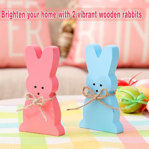 multiwins 8-Sided Easter Pillow Covers Set of 4 with 2 Wooden Bunny Decorations, 20 x 20 Inch Reversible Decor with Bunny, Floral Eggs & “He is Risen” Prints for Indoor/Outdoor, Spring Holiday Decor