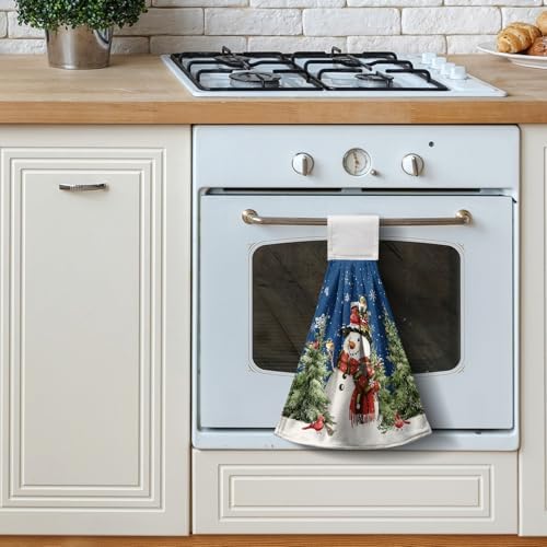 Blue Snowman Winter Kitchen Tie Towel Christmas Snow Pine Tree Birds Kitchen Hand Towels with Hanging Loops Xmas Farmhouse Bath Towel Soft Absorbent Fingertip Dish Tie Towels Set of 2