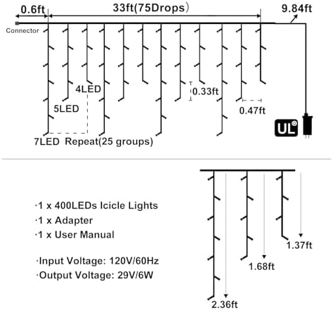 33ft Red and White Icicle Lights for Outside, 400 LED Christmas Lights