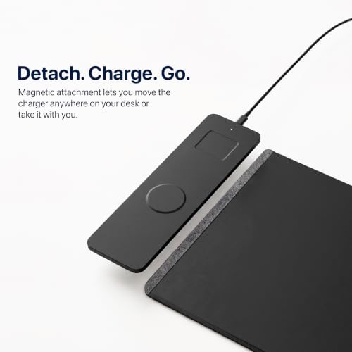 Wireless Charging Mouse Pad & Desk Mat with Detachable MagSafe-Compatible Qi Charger – Charges Phone + Earbuds, XL Vegan Leather Office Desk Pad with Hidden Storage, 30.7" x 14.6"