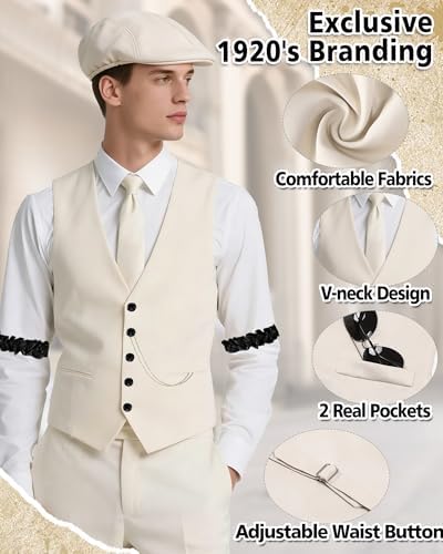 1920s Mens Costume, Roaring 20s Costumes for Men 1920s Mens Outfit with Walking Cane Vest Hat 1920 Mens Accessories
