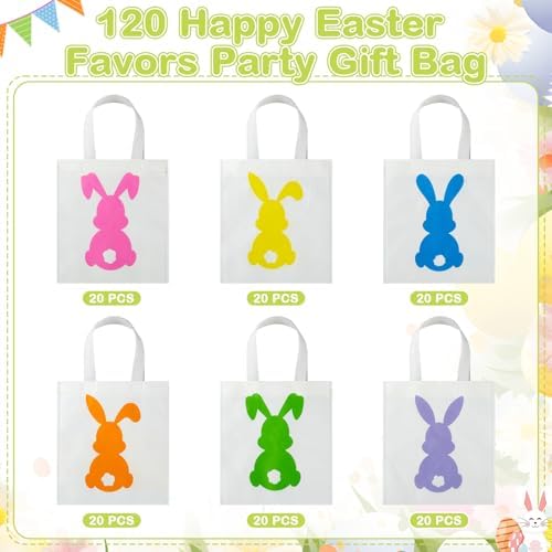 Sweetude 120 Pcs Easter Tote Bags Bulk with Handles Bunny Reusable Party Non Woven Treats Goodie Bags for Easter Party Supplies (Bunny)
