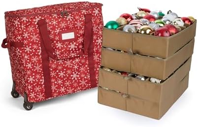 Covermates Keepsakes Rolling Adjustable Ornament Storage Bag – Heavy-Duty Polyester, FlexGrid Trays & Padded Dividers – Protective Holiday Organizer with Wheels, Handles & ID Window, Red Snowflake