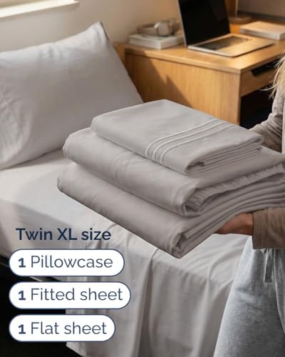 Twin XL Size 3 Piece Sheet Set - Breathable & Cooling Sheets - Light Grey