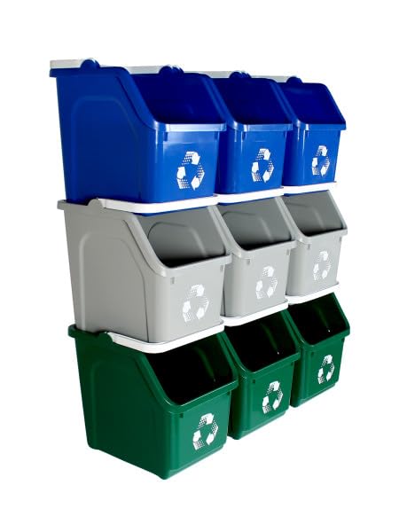 Multi Bin Recycling System with Three Stackable 6 Gallon Recycle Bins for Kitchen Use – Recycling Trash Can Set for Office, Garage, Businesses (9 Pack Blue/Grey/Green)