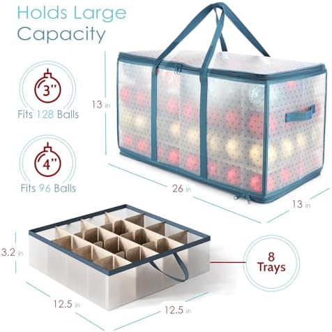 Large Christmas Ornament Storage Box With Adjustable Dividers - Plastic Ornament Storage Container For 128 Holiday Ornaments or Decorations - By Hearth & Harbor