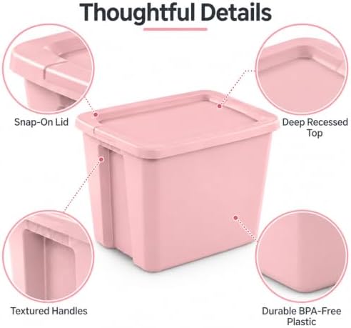 18 Gal Storage Bin with Snap-On Lid, Stackable Plastic Tote, Pink