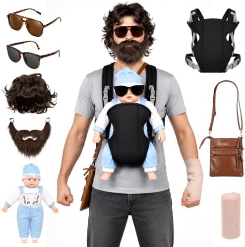 8PCS Halloween Baby Carrier Costume for Men Adult Funny Dad Wig Beard Set