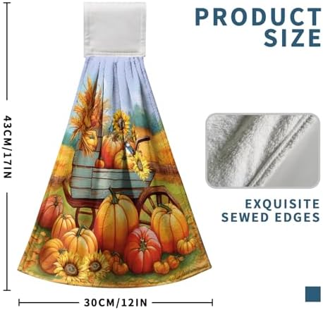 Fall Orange Pumpkin Kitchen Hanging Hand Towels Thanksgiving Autumn Sunflower Hand Towels with Loop Harvest Farmhouse Bath Towels Soft Absorbent Fingertip Tie Towel for Bathroom