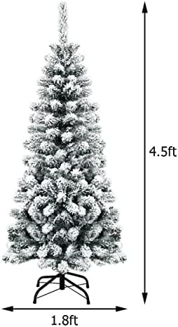 4.5FT Snow Flocked Pine Tree, Artificial Christmas Tree w/Sturdy Metal Stand & Quality PVC Needles, Pencil Xmas Tree for Indoor & Outdoor Holiday Decoration