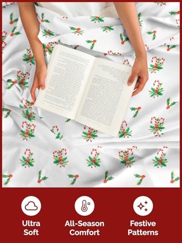 Christmas Sheet Set, Candy Cane Mistletoe, Holiday Xmas Bedding Set - Queen