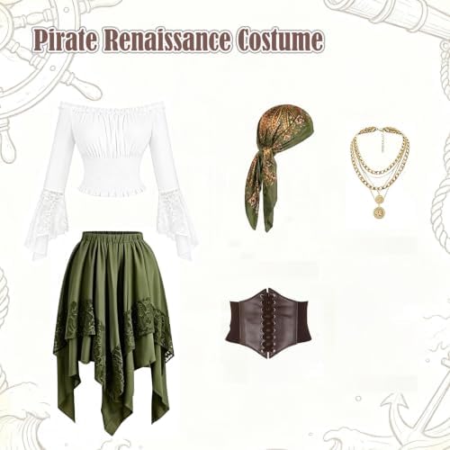 Women Pirate Costume Renaissance Medieval Outfit Halloween Top Skirt Set