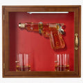 The Wine Savant Pistol & Bullet Shot Glasses Hanging Wall Display Case With Light - 7.7 Pistol Gun Decanter & 10oz Glassware - Military, Veteran Gifts, Law Enforcement Home Bar, Drinking Accessories