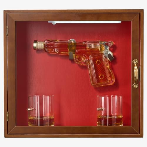 The Wine Savant Pistol & Bullet Shot Glasses Hanging Wall Display Case With Light - 7.7 Pistol Gun Decanter & 10oz Glassware - Military, Veteran Gifts, Law Enforcement Home Bar, Drinking Accessories