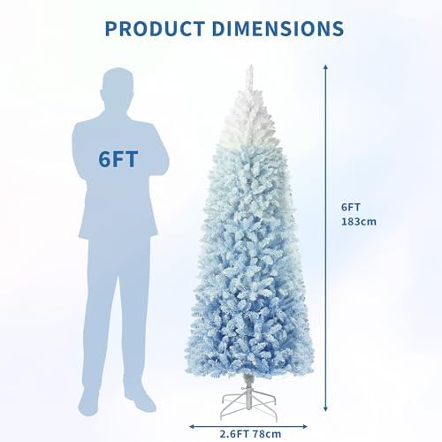 GarveeHome 6 ft Prelit Artificial Christmas Tree with RGB & Warm White Lights, Pre-Lit Snow Flocked Pencil Christmas Tree, Foldable Base,Holiday Decoration for Home, Office, Party,Blue Gradient