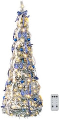 VINGLI 7ft Pre Lit Pop Up Christmas Tree w/ 200 Lights, Fully Decorated Flocked Pencil Christmas Tree, Collapsible Xmas Tree for Holiday Party Decorations (Blue&Silver)