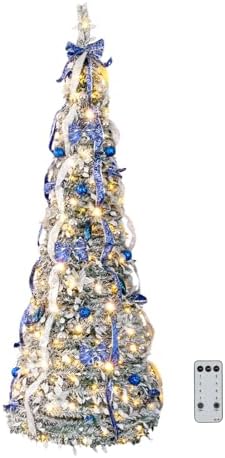 VINGLI 7ft Pre Lit Pop Up Christmas Tree w/ 200 Lights, Fully Decorated Flocked Pencil Christmas Tree, Collapsible Xmas Tree for Holiday Party Decorations (Blue&Silver)
